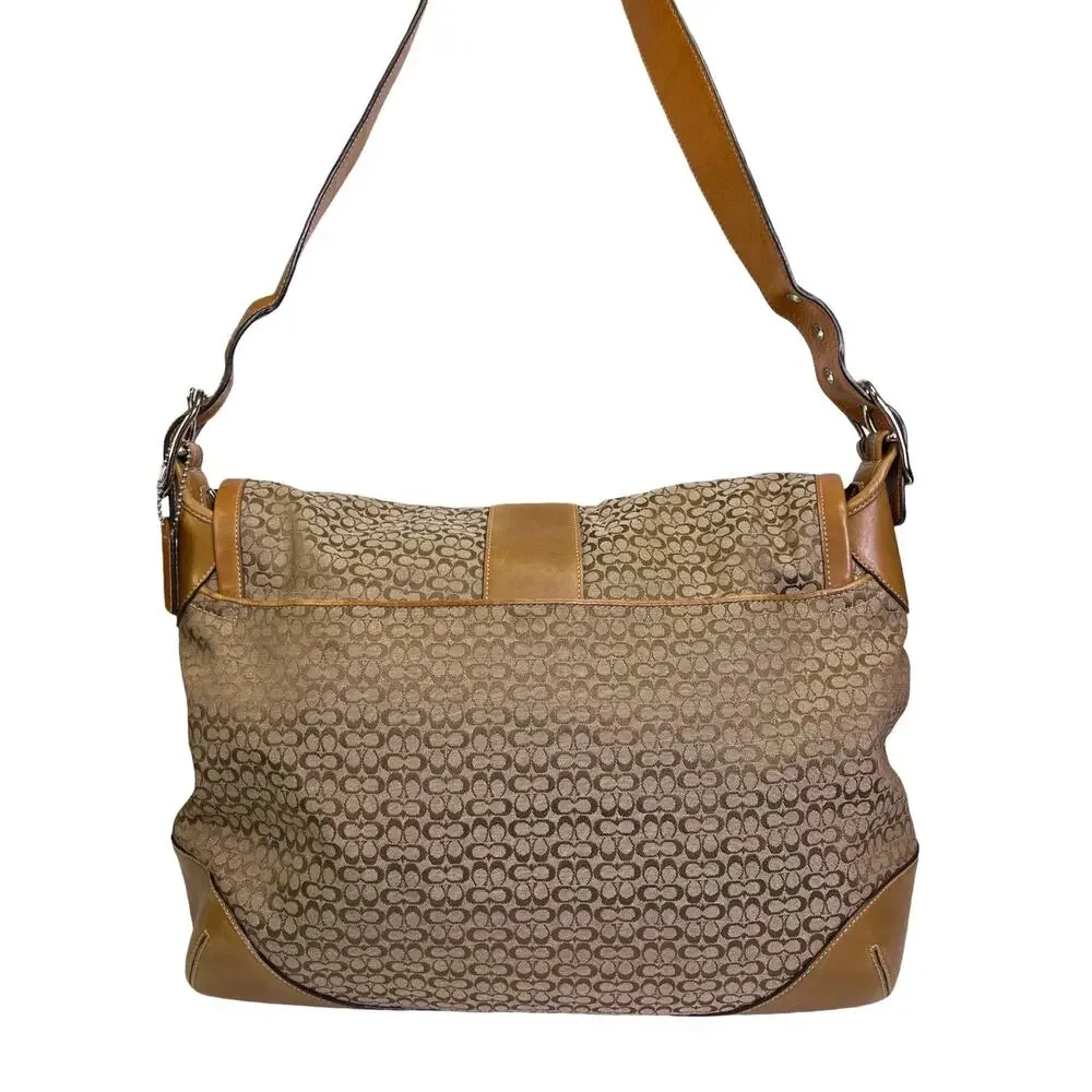 Coach Signature Canvas Leather Messenger Crossbody Bag Flap Laptop Brown Tan